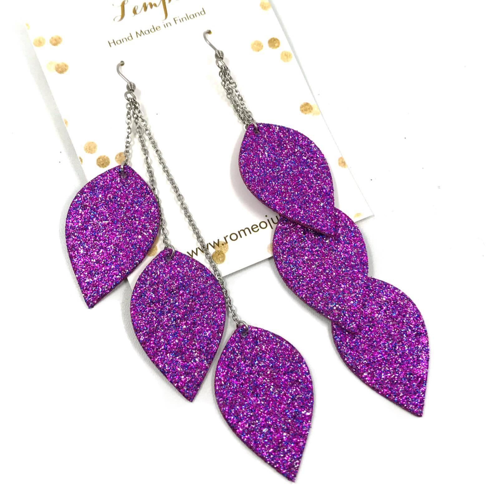 LEMPI earrings, Leaves (3 pieces, multicolor purple glitter)