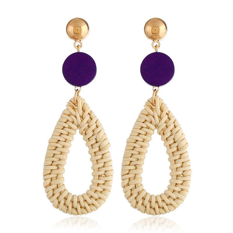 Rottinkikorvakorut/Teardrop Rattan Earrings with Purple Wooden Pearl
