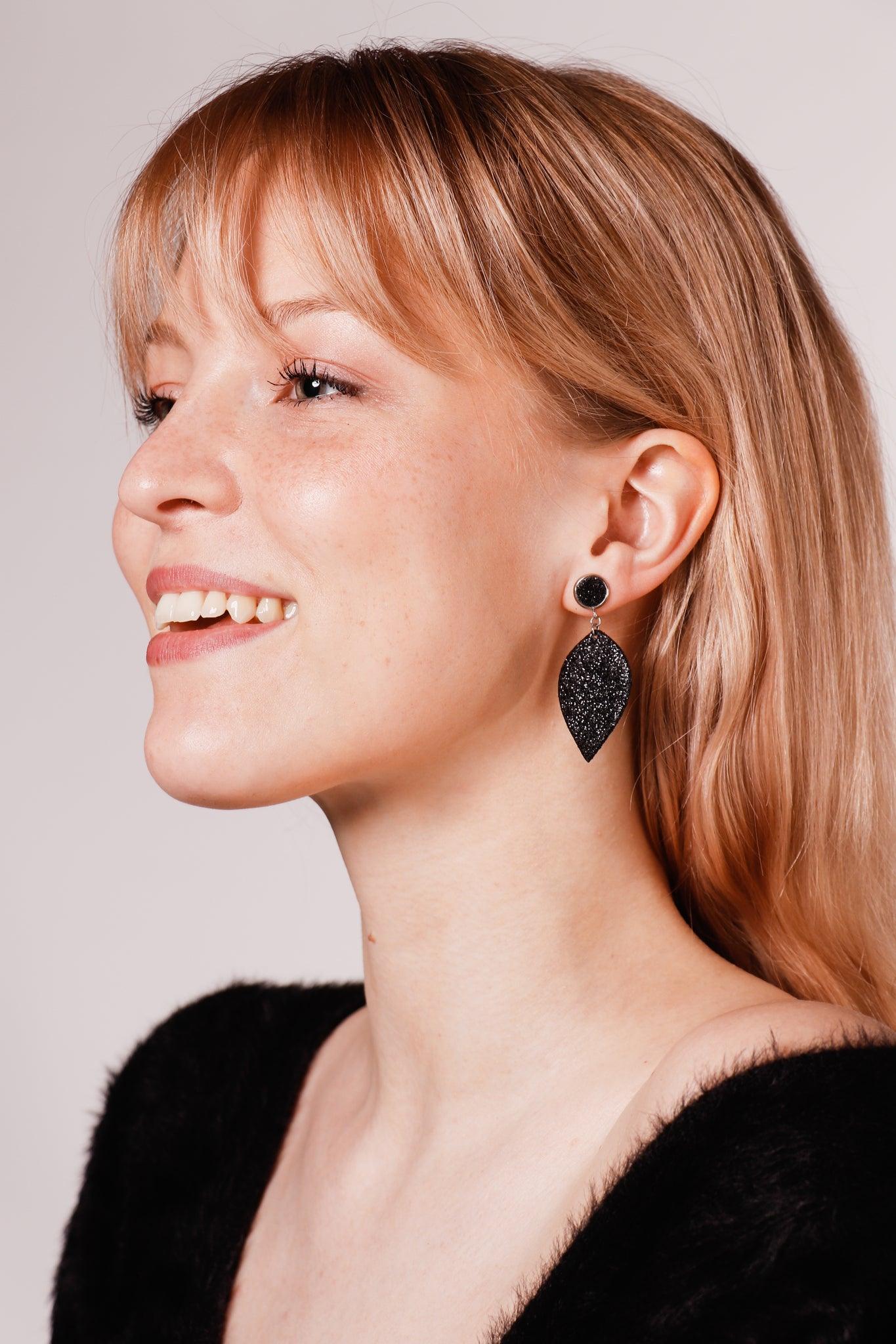 LEMPI earrings, Leaf (with button fastening, black glitter)