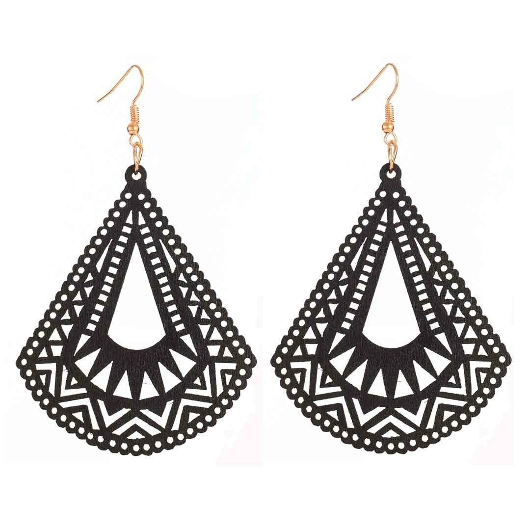 Wooden Earrings, Black Triangles with Lace Decoration