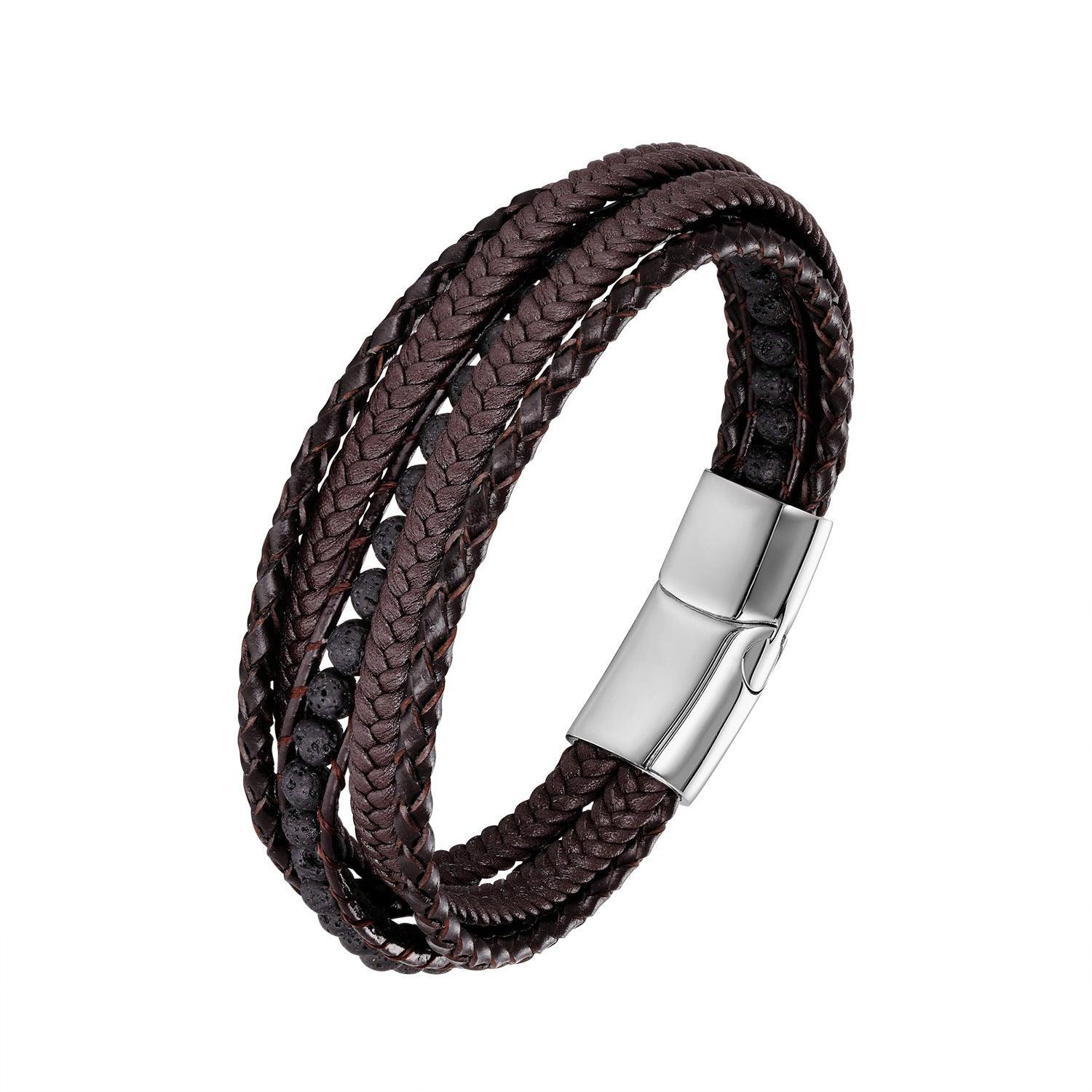 Keinonahkainen rannekoru, Brown Lava Stone Faux Leather Bracelet