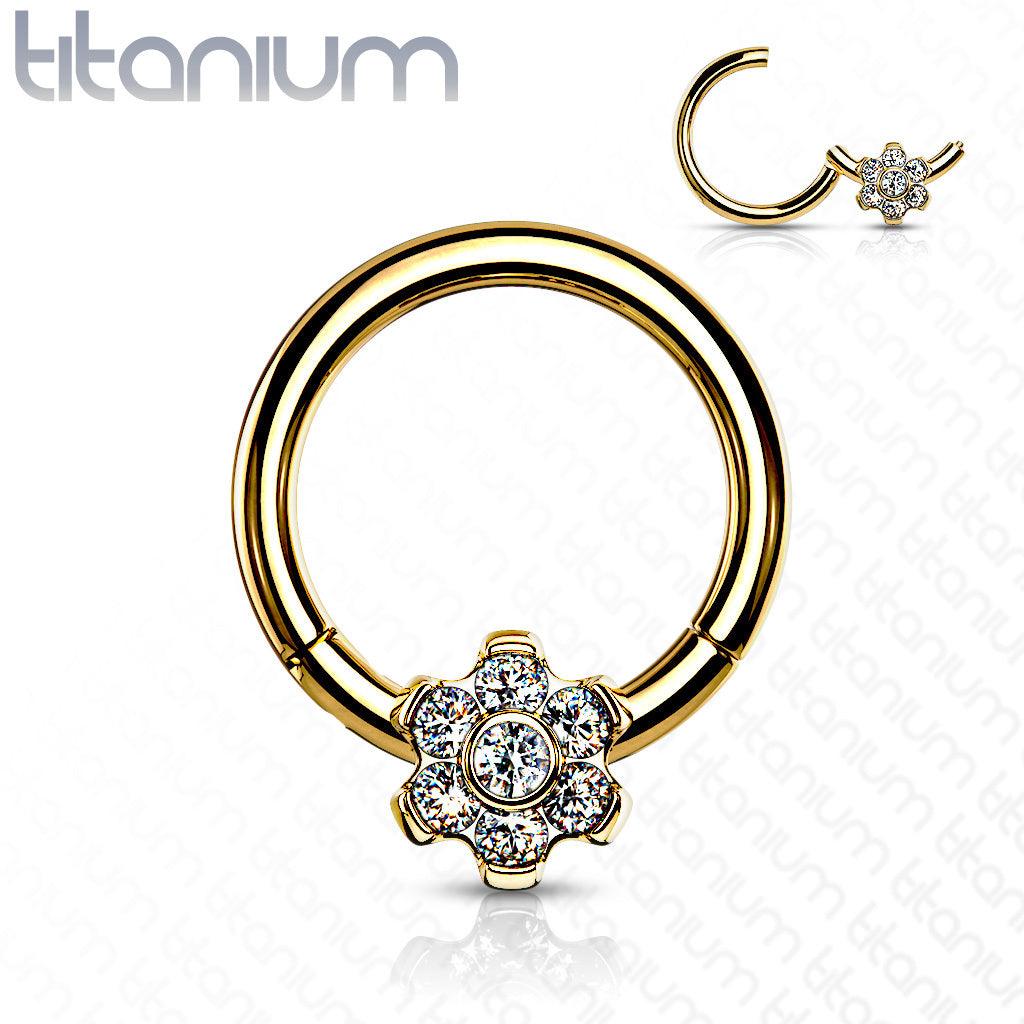 Lävistysrengas, Implant Grade Titanium Ring with CZ Flower in Gold