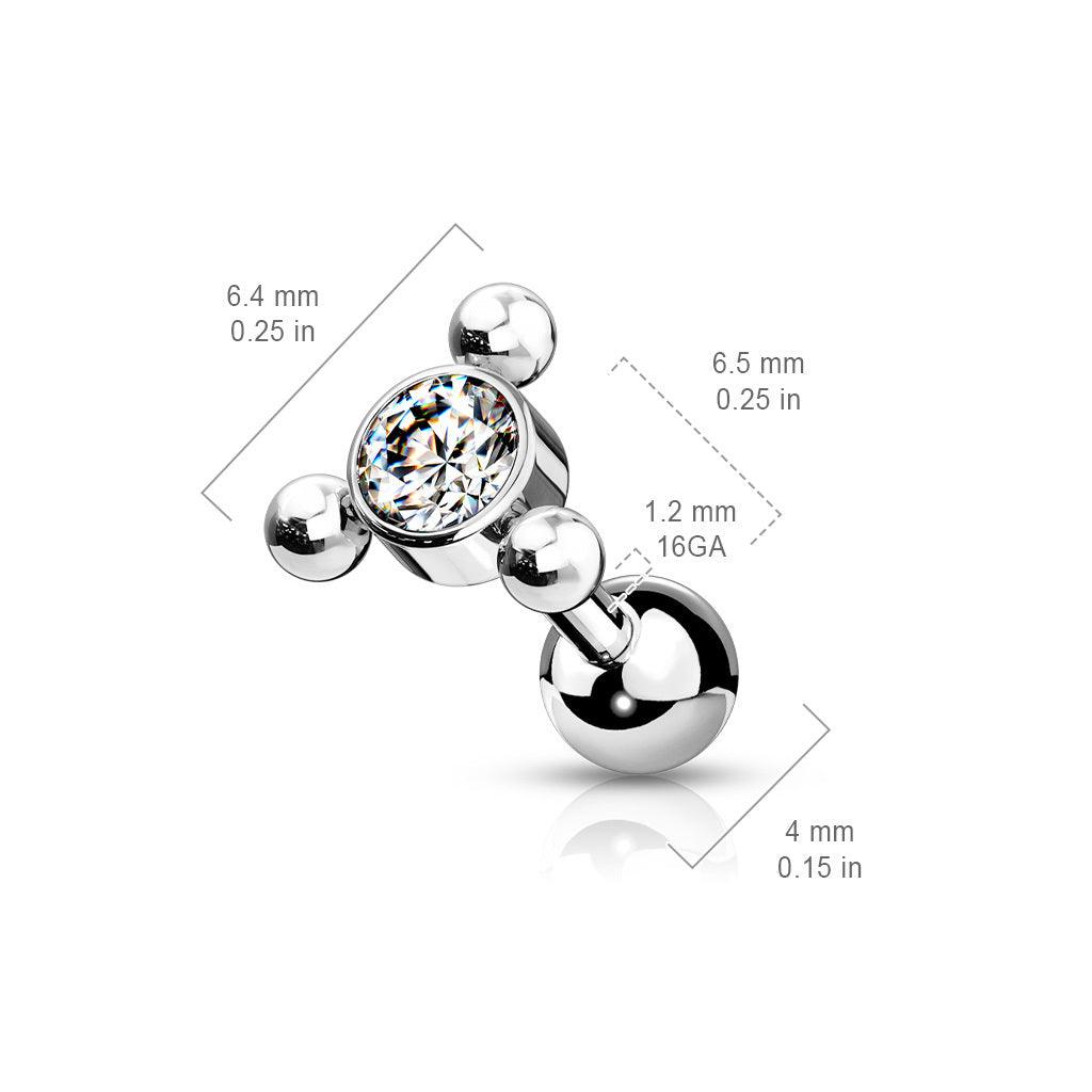 Cartilage jewelry/tragus jewelry, 3-Ball Gold Triangle Top with CZ in Clear