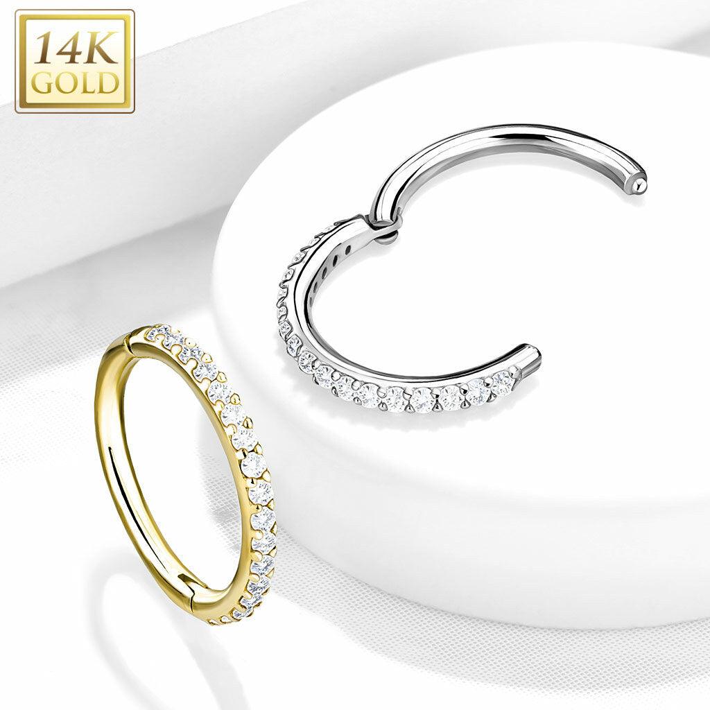 Lävistysrengas, 14K Gold CZ Paved Half Circle Hinged Ring -kultarengas