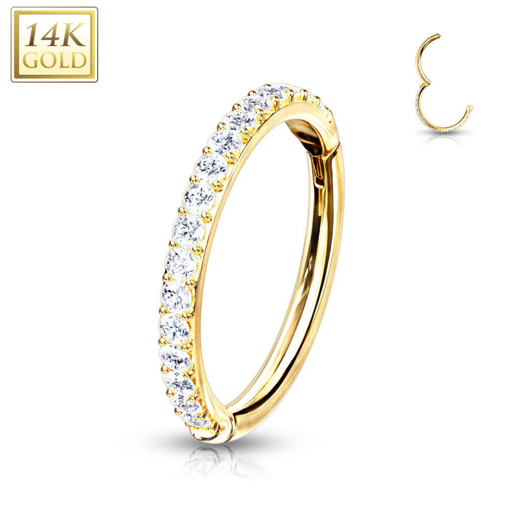 Lävistysrengas, 14K Gold CZ Paved Half Circle Hinged Ring -kultarengas