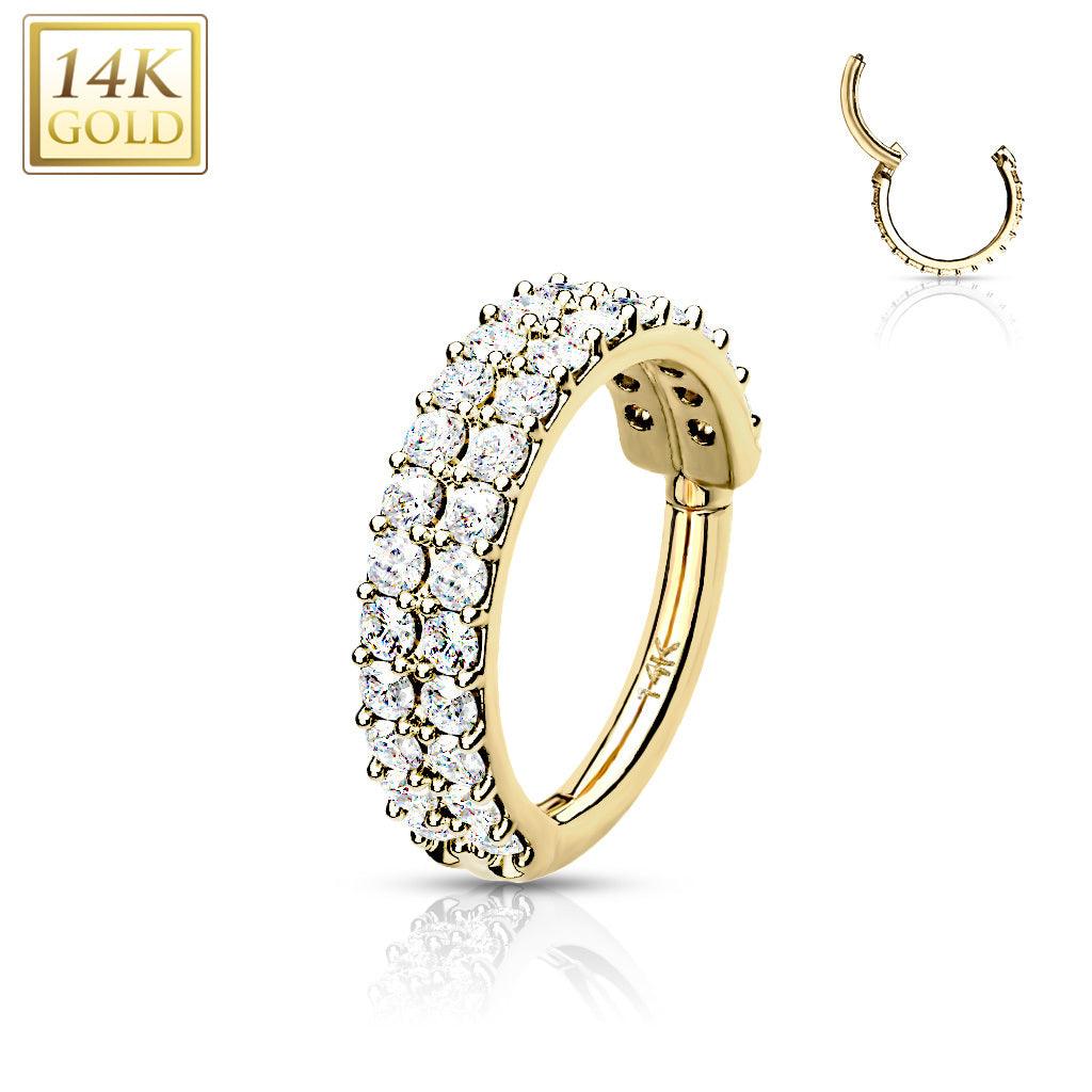 Lävistysrengas Ø8mm, 14K Gold Double Line CZ Hinged Ring -kultarengas