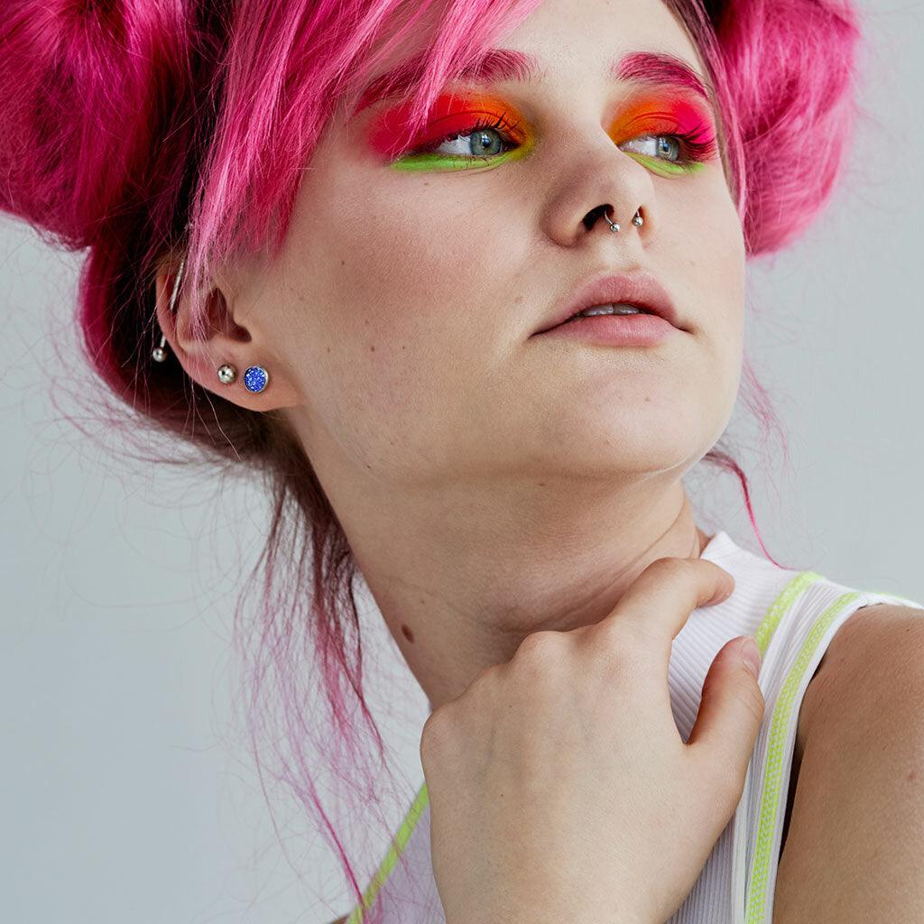 Kirurginteräsnapit, Small Druzy Stone in Multicolor Blue