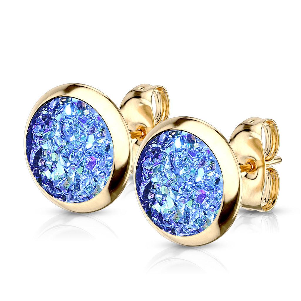 Kirurginteräsnapit, Small Gold Druzy Stone in Multicolor Blue