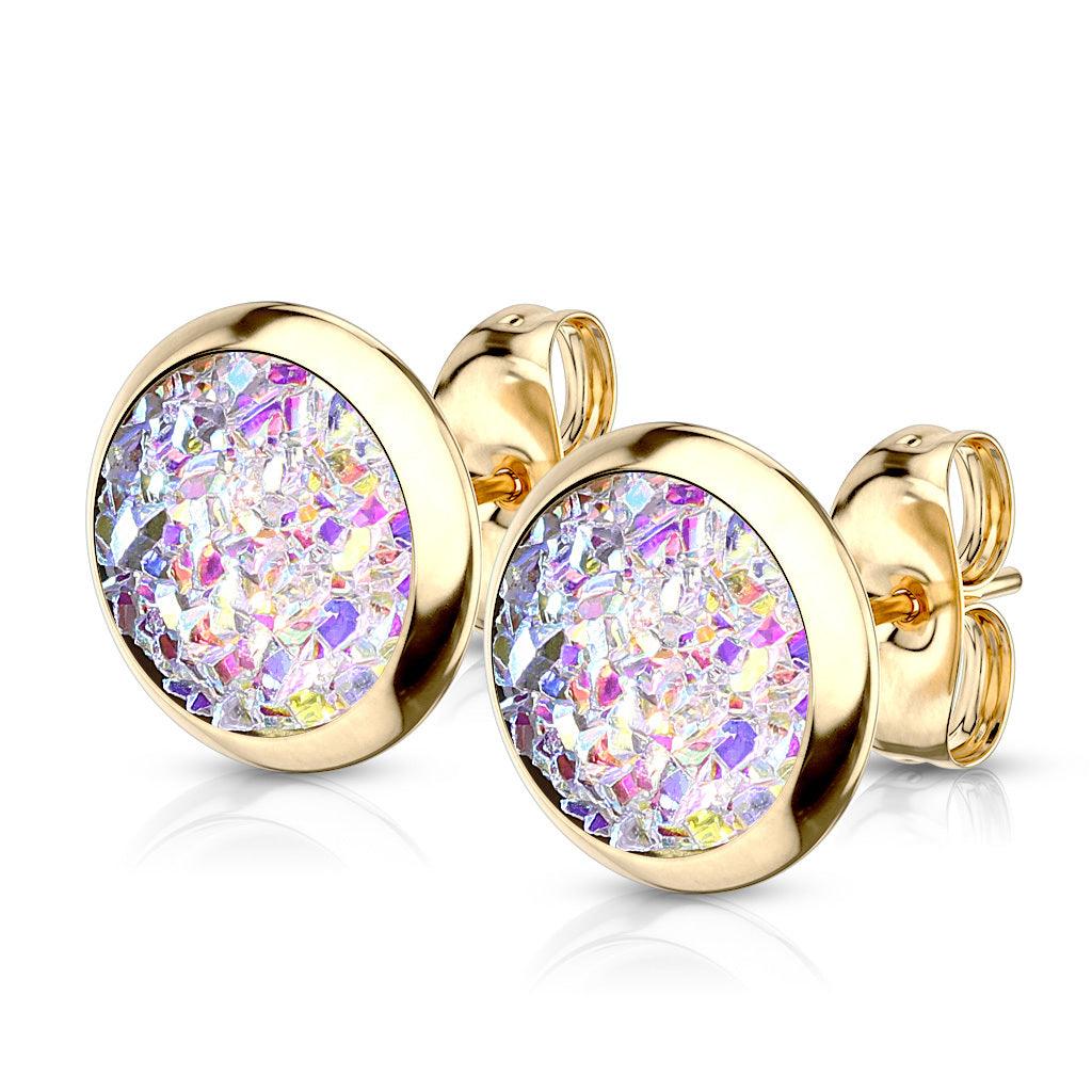 Surgical steel buttons, Small Gold Druzy Stone in Multicolor