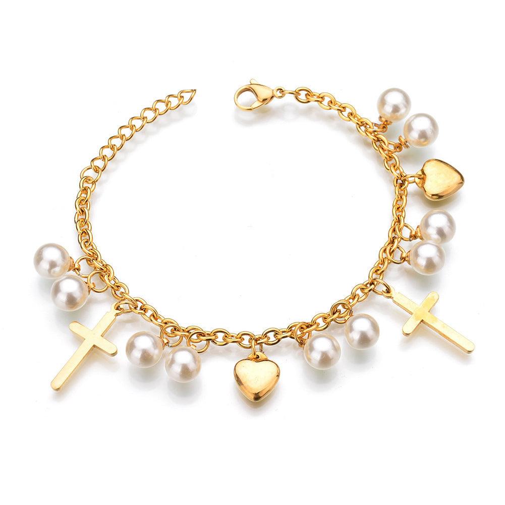 Kirurginteräsrannekoru, Cross Charm Bracelet in Gold