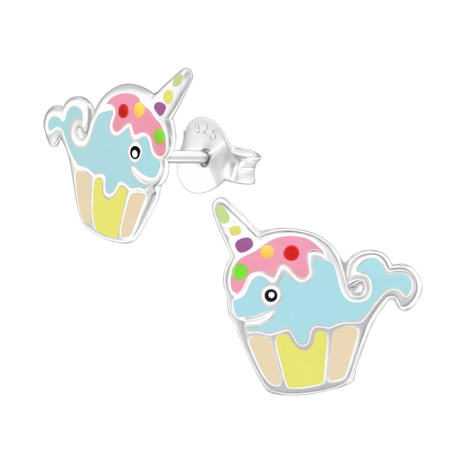 Children's silver earrings, Unicorn Cup Cake Whale earrings