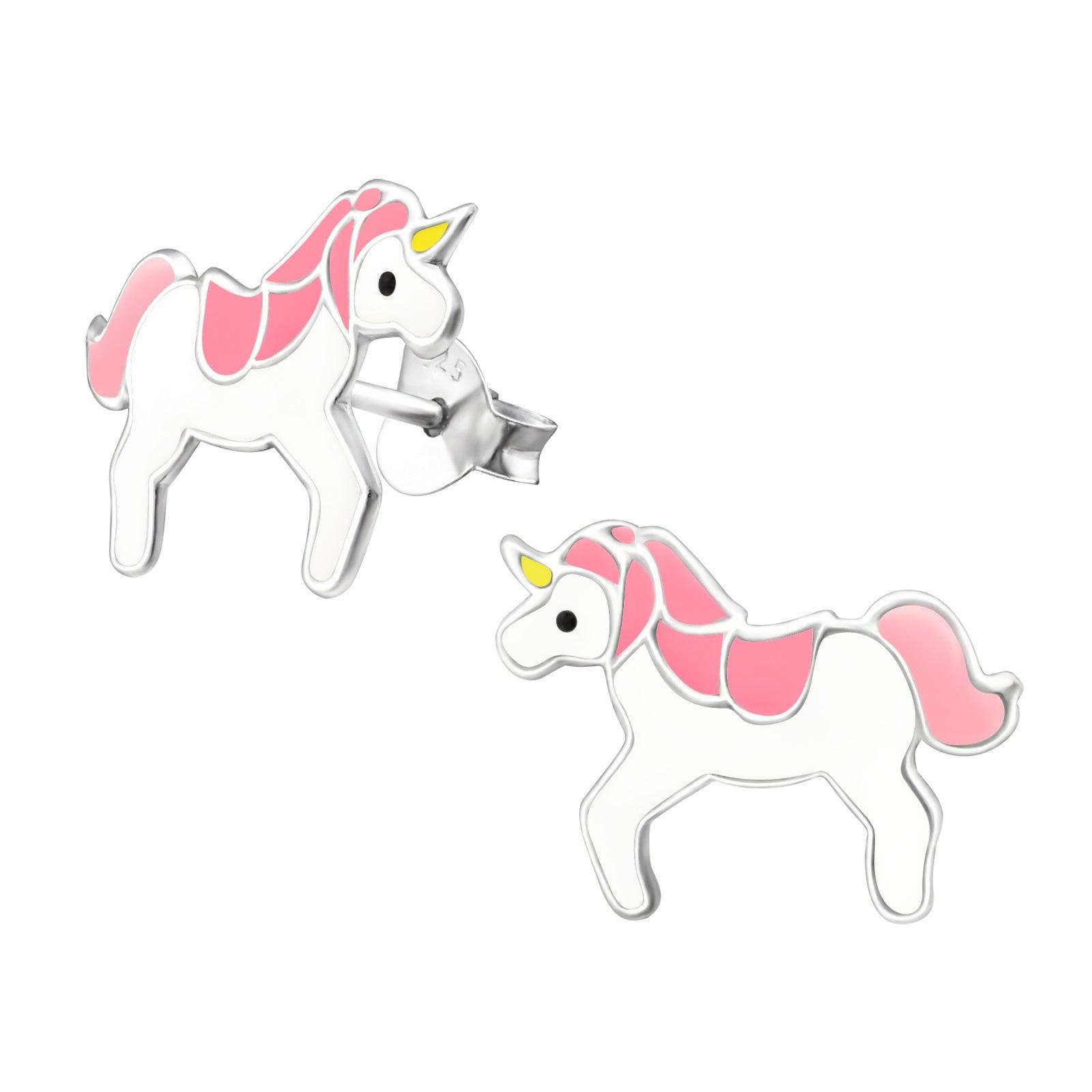 Children's silver earrings, White & Pink Unicorn earrings