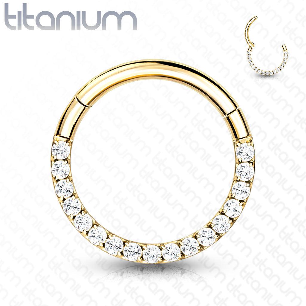 Lävistysrengas, Front Facing Titanium Hinged Hoop Ring with CZ in Gold
