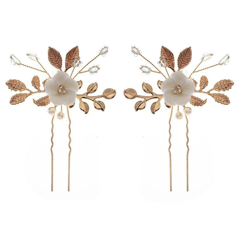 Hair accessory set, ROMANCE|Mila - gold-tone graceful hair accessory with flower