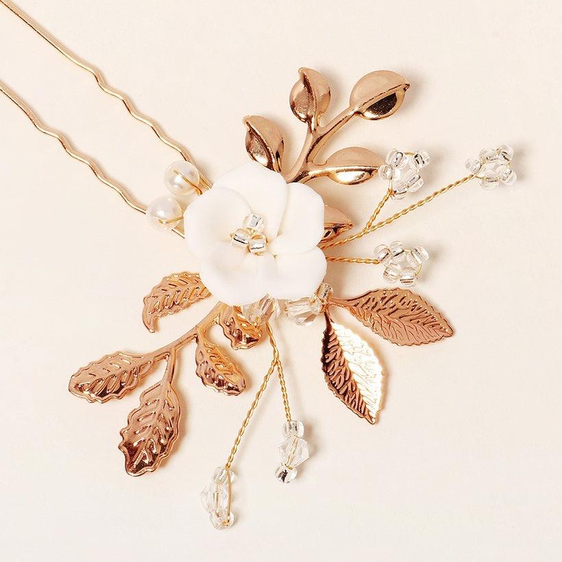 Hair accessory set, ROMANCE|Mila - gold-tone graceful hair accessory with flower