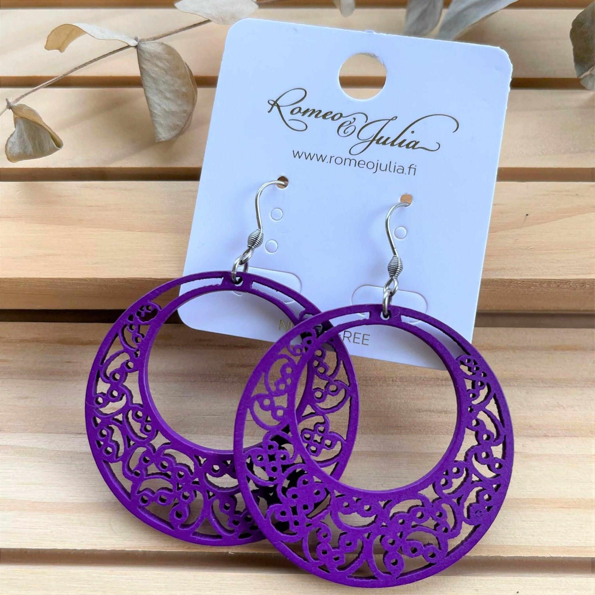 Wooden earrings, Lace ring (purple) - purple wooden earrings