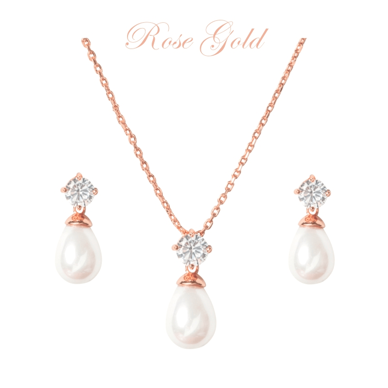 ATHENA BRIDAL | Rosegold Pearl Set -kristallikorusetti helmipisaralla