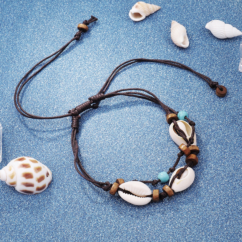 FRENCH RIVIERA|Sand and Sea shell anklet with brown ribbon