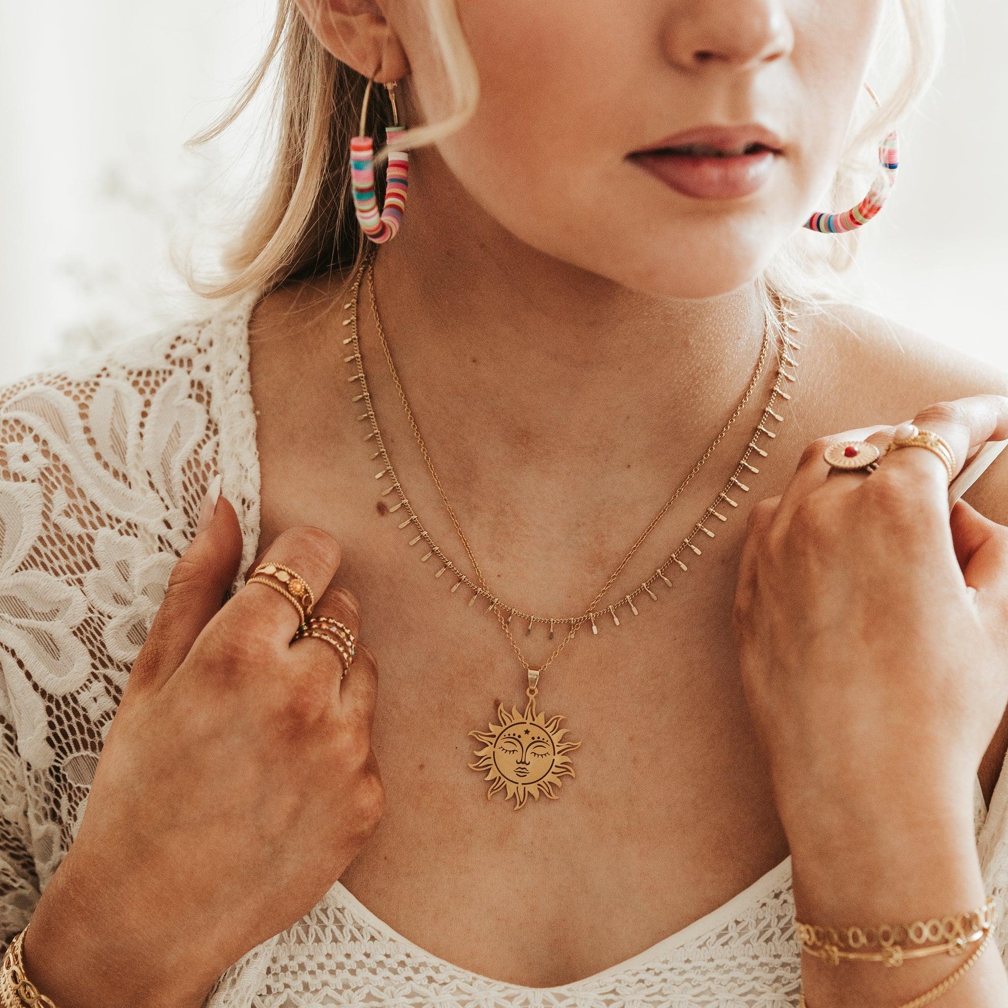 Surgical steel necklace, Boho Sun - bohemian sun necklace (gold)