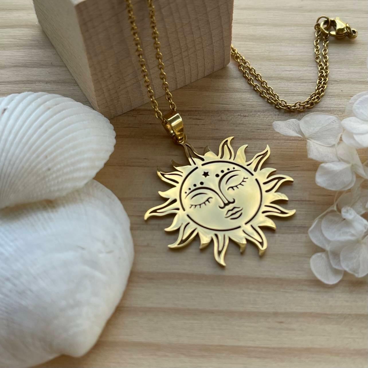 Surgical steel necklace, Boho Sun - bohemian sun necklace (gold)