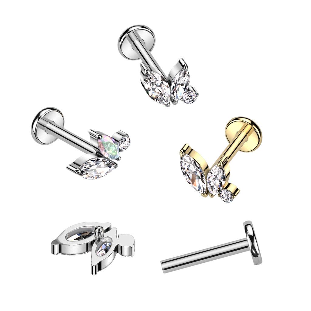 Rustokoru/traguskoru, Marquise Crystal Top in Gold -titaaninen labret