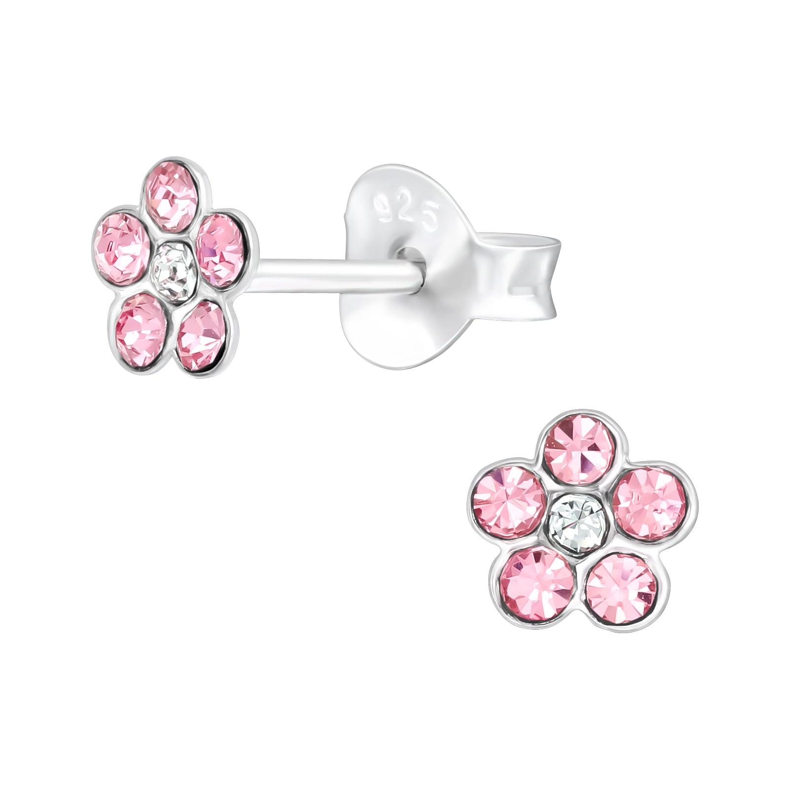 Lasten hopeanapit, Pink Crystal Flower -pinkit kukkakorvakorut