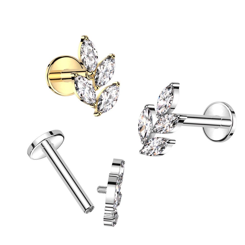 Cartilage jewelry/tragus jewelry, Marquise Leaf Top in Gold titanium labret