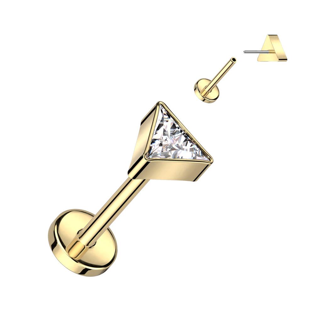 Titaaninen labret 1mm, Push in Triangle CZ Labret in Gold