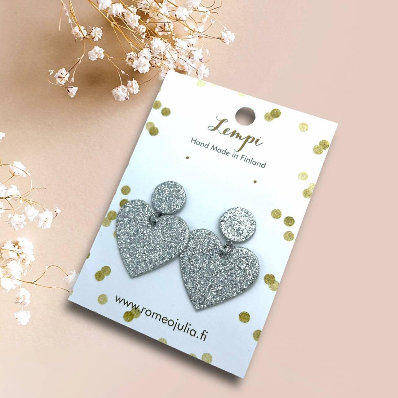 LEMPI® earrings, Hellä - sparkly silver-colored heart earrings