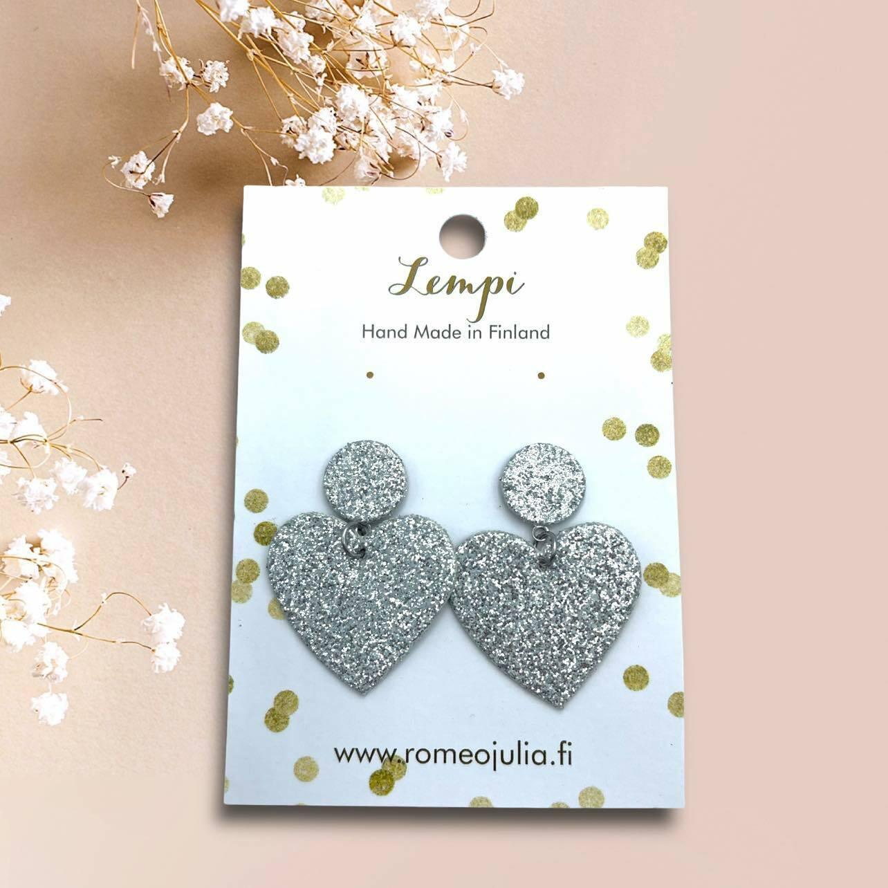 LEMPI® earrings, Hellä - sparkly silver-colored heart earrings