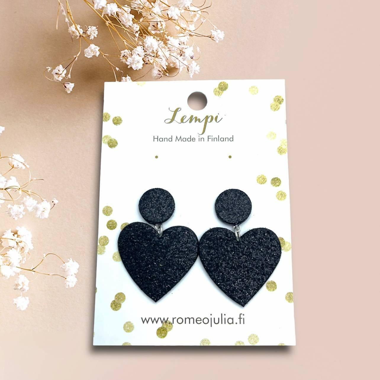 LEMPI® earrings, Hellä - sparkly black heart earrings
