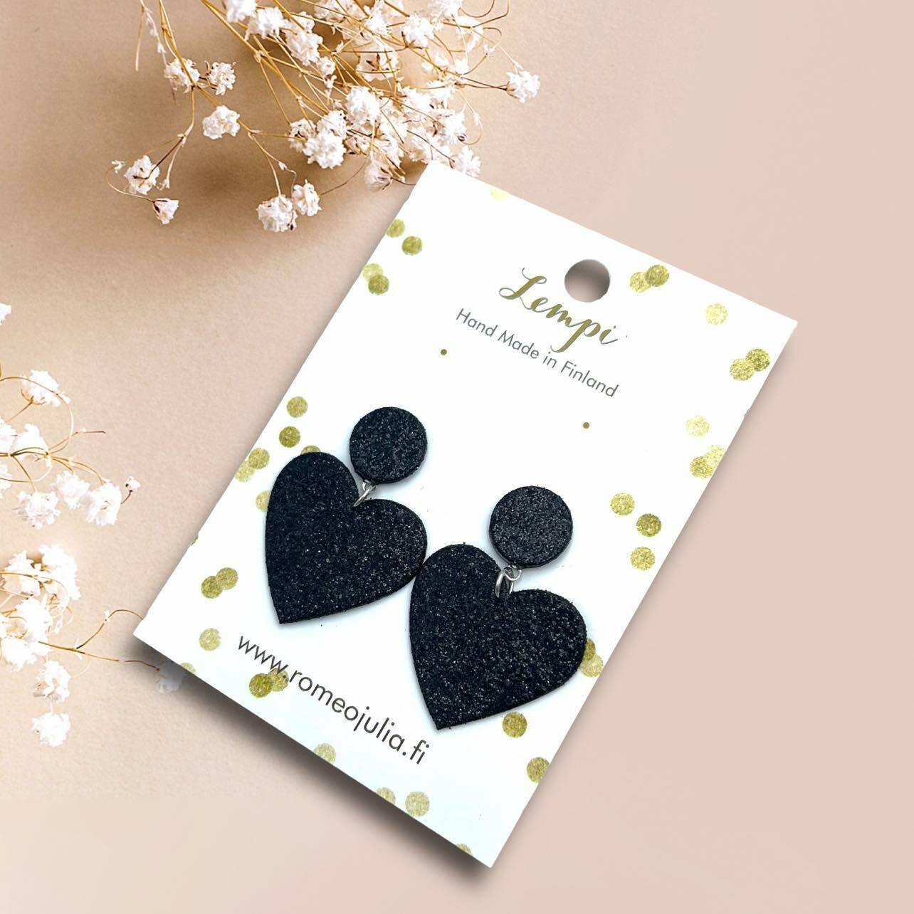 LEMPI® earrings, Hellä - sparkly black heart earrings