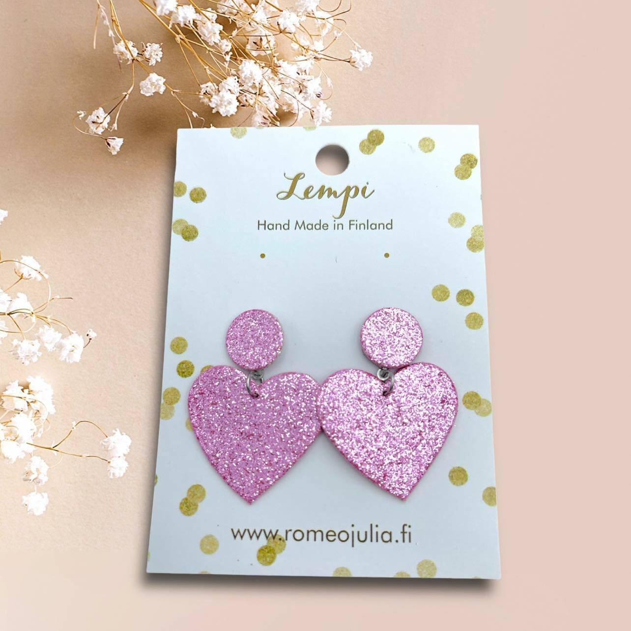 LEMPI® earrings, Hellä - sparkly pink heart earrings