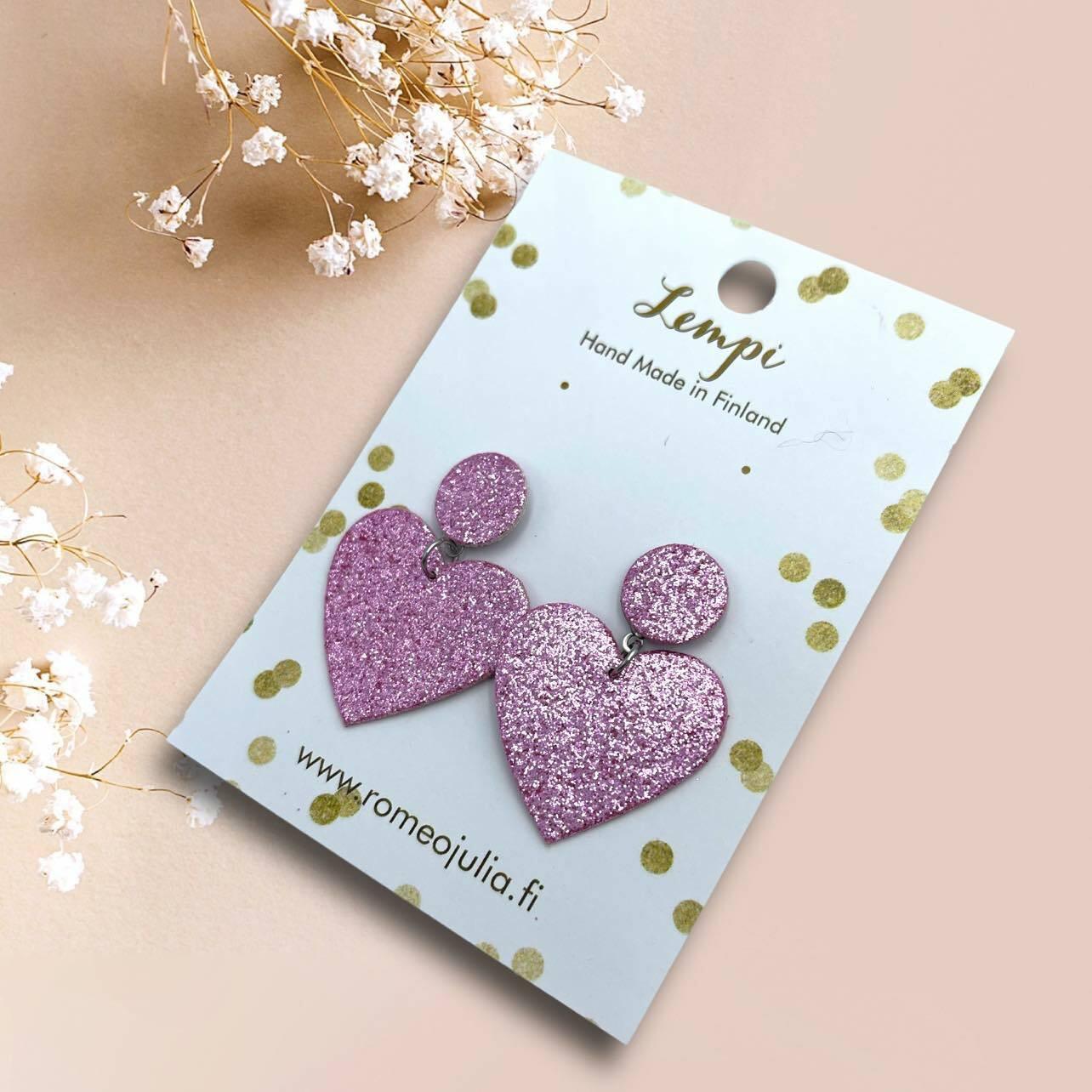 LEMPI® earrings, Hellä - sparkly pink heart earrings
