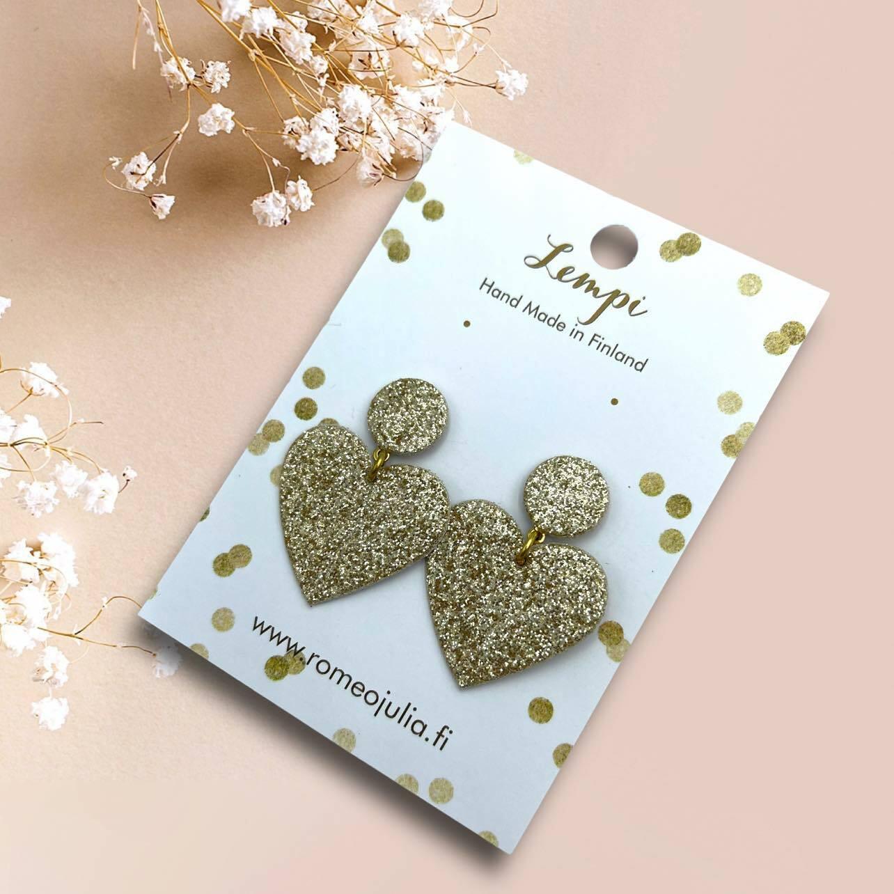 LEMPI® earrings, Hellä - sparkling gold heart earrings