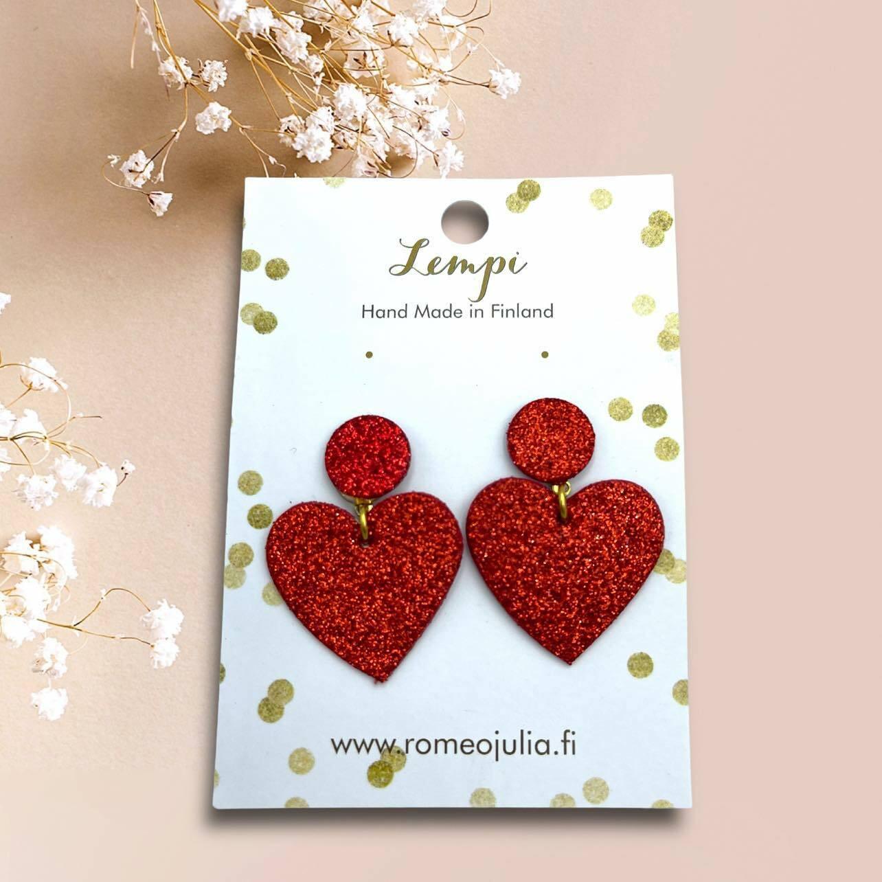 LEMPI® earrings, Hellä - sparkly red heart earrings