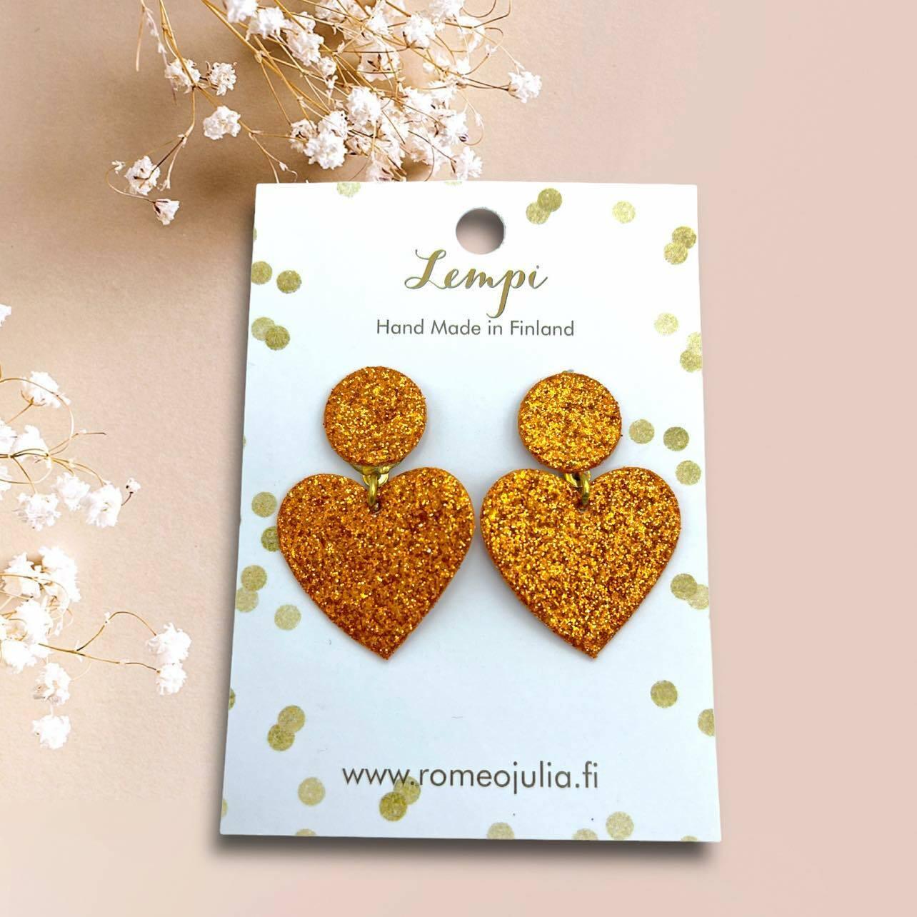 LEMPI® earrings, Hellä - sparkly orange heart earrings