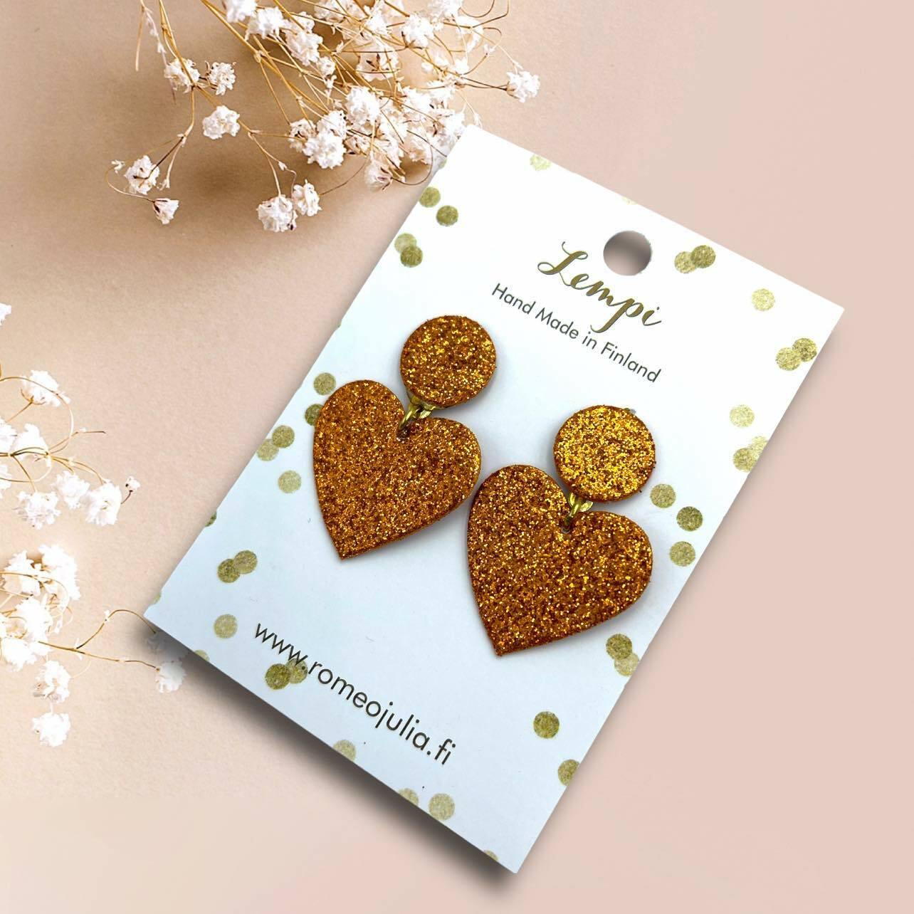 LEMPI® earrings, Hellä - sparkly orange heart earrings