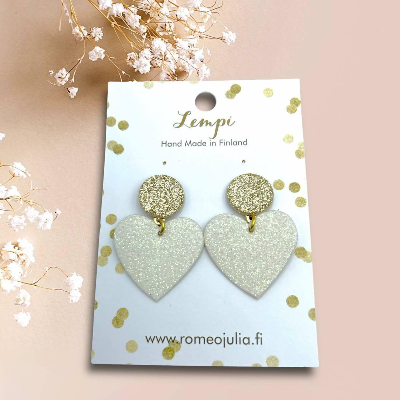 LEMPI® earrings, Hellä - sparkling white-gold heart earrings