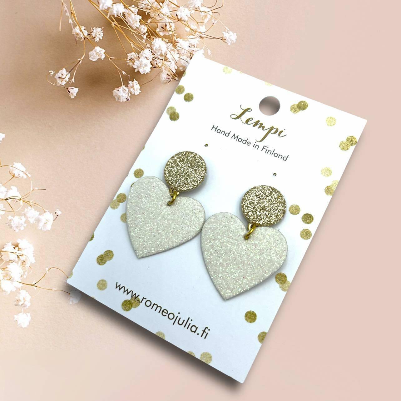 LEMPI® earrings, Hellä - sparkling white-gold heart earrings