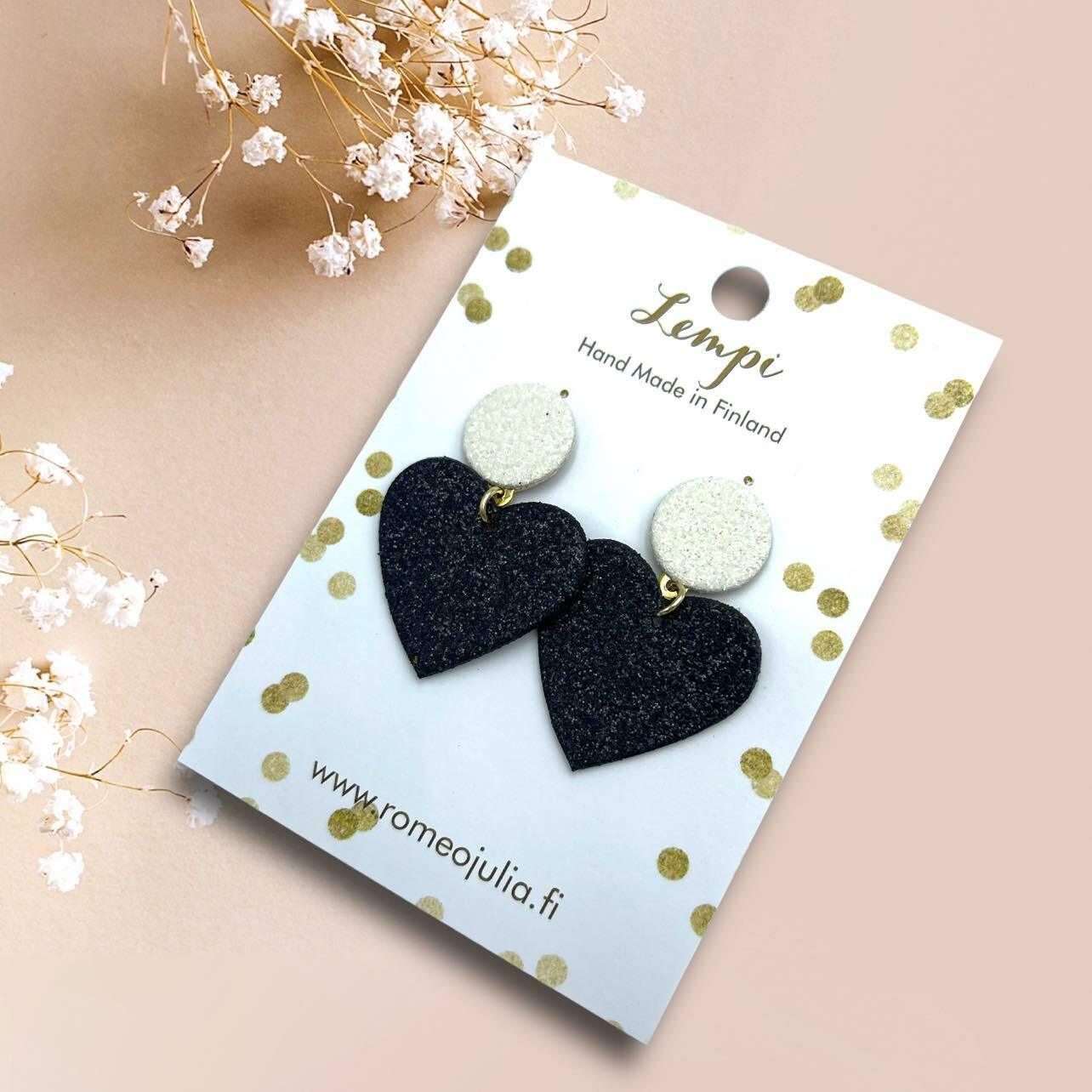 LEMPI® earrings, Hellä - sparkling white and black heart earrings