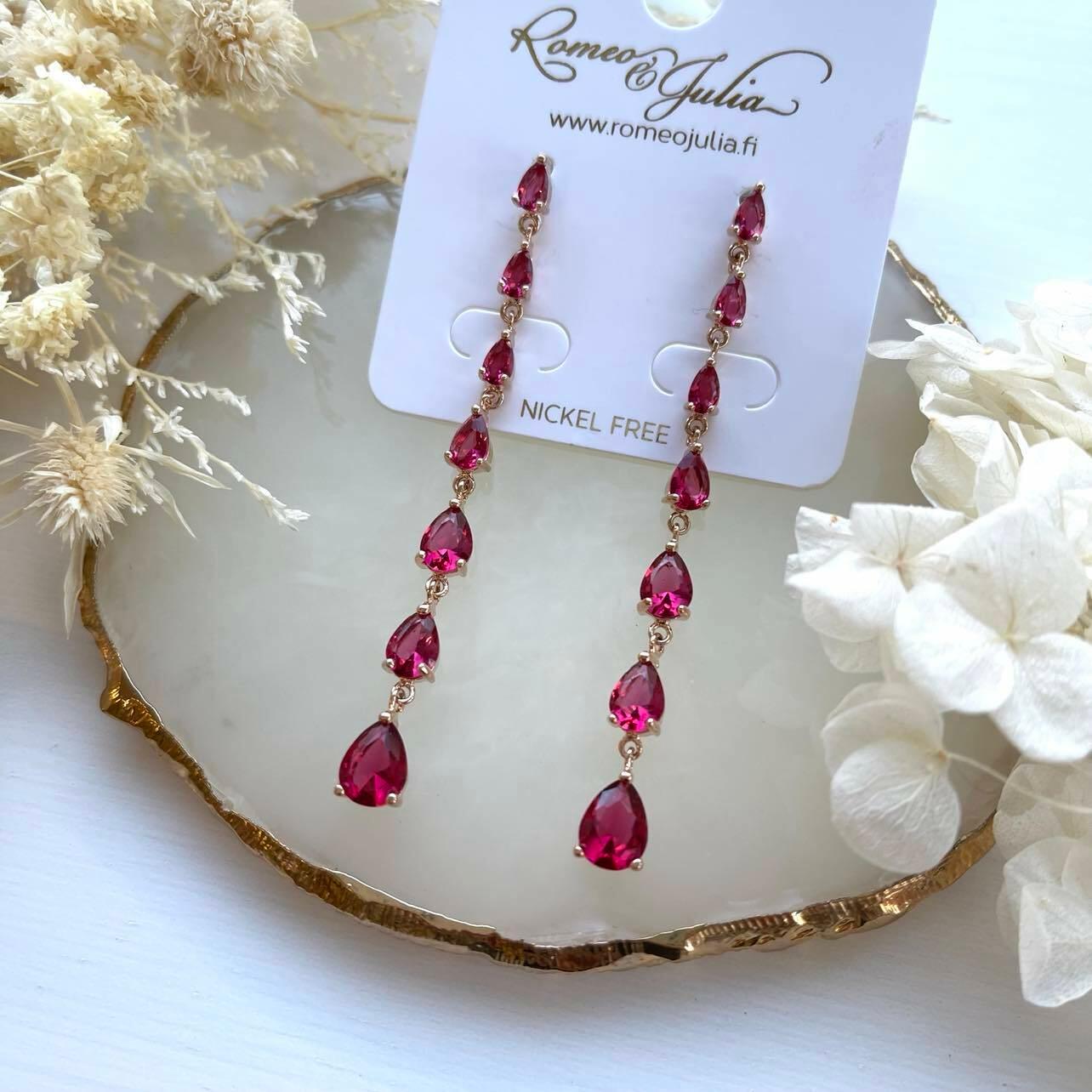 ROMANCE|Teardrop Earrings in Rosy Ruby -ruusunpunaiset juhlakorvakorut