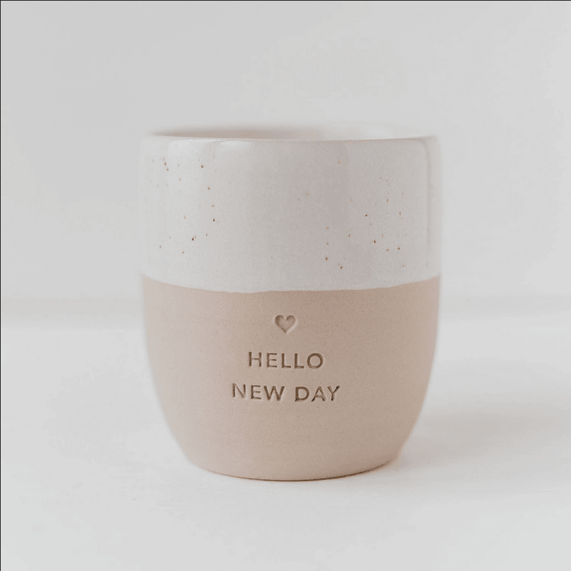 Muki, Hello New Day Mug -käsintehty korvaton tekstimuki