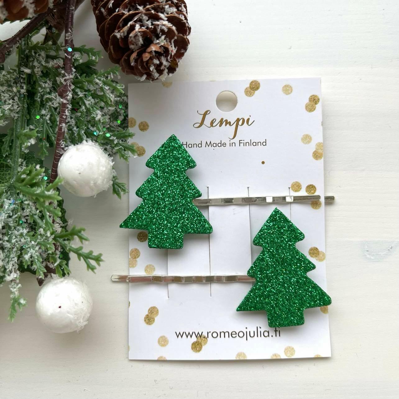 LEMPI hair clips, Christmas tree (green glitter)