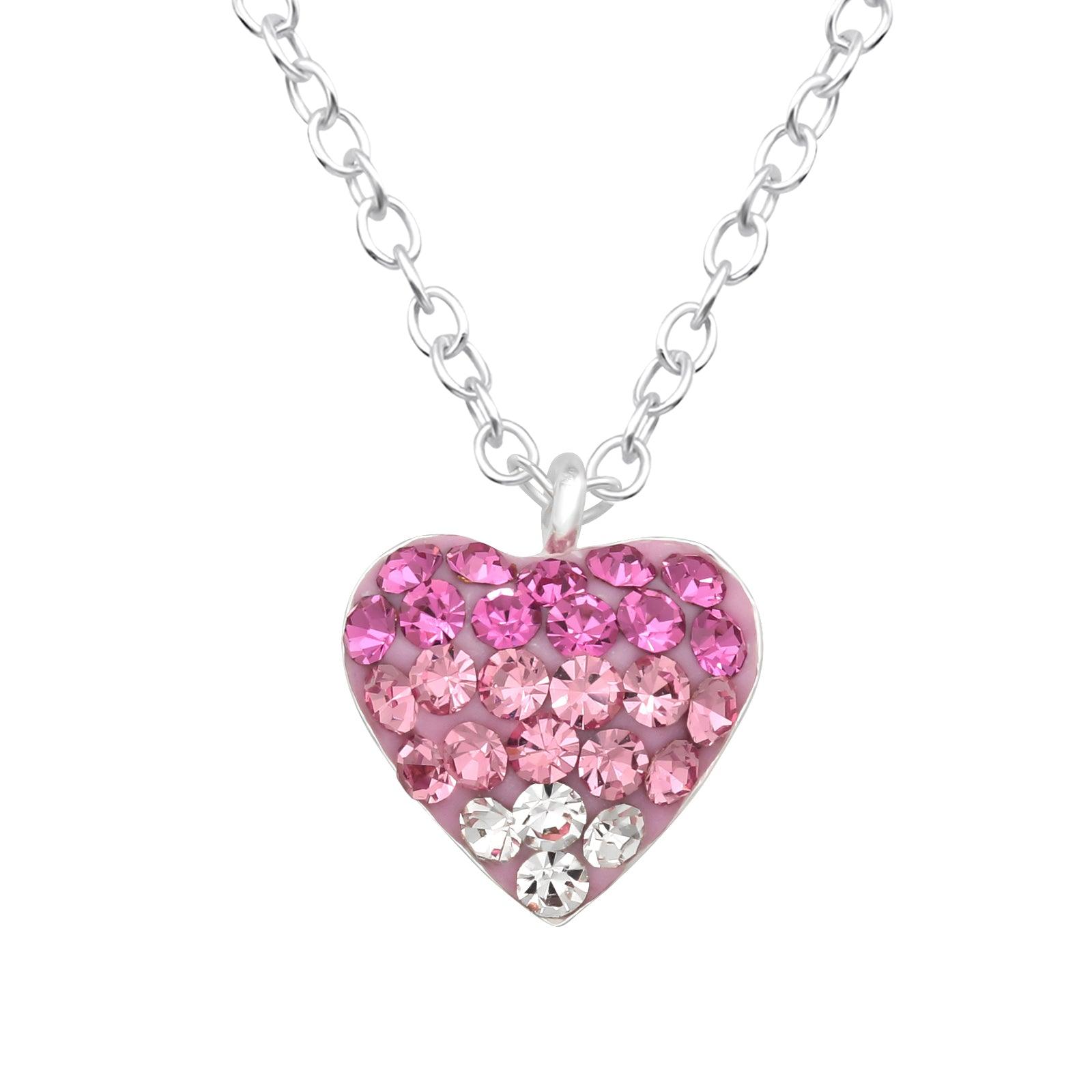 Children's silver necklace, Sparkly Heart pink heart necklace