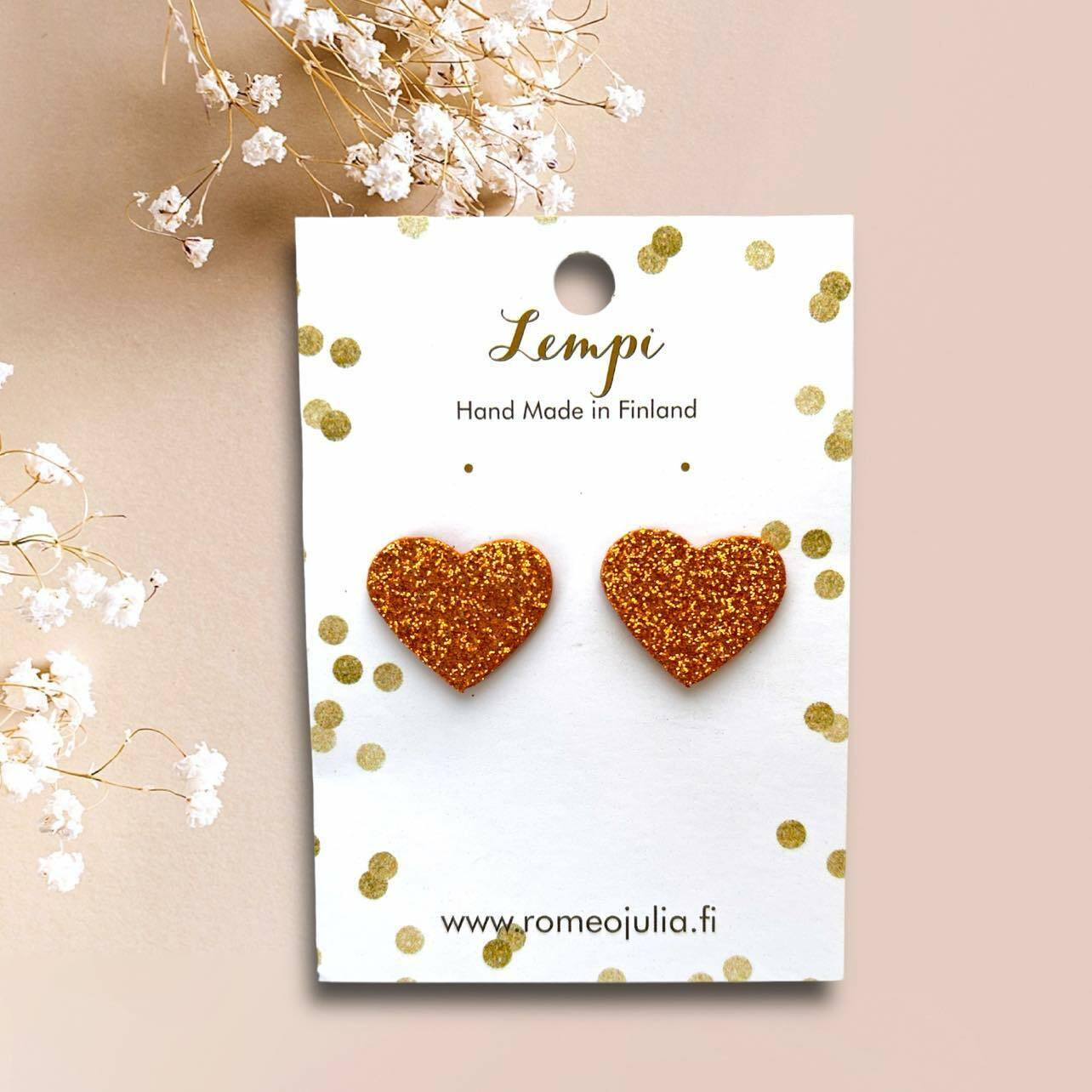 LEMPI® earrings, Lempi -glittering orange heart earrings