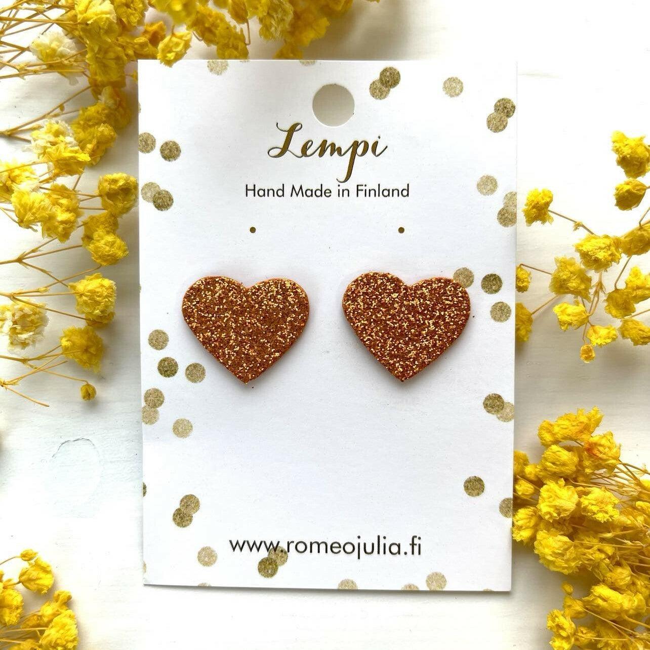 LEMPI® earrings, Lempi -glittering orange heart earrings