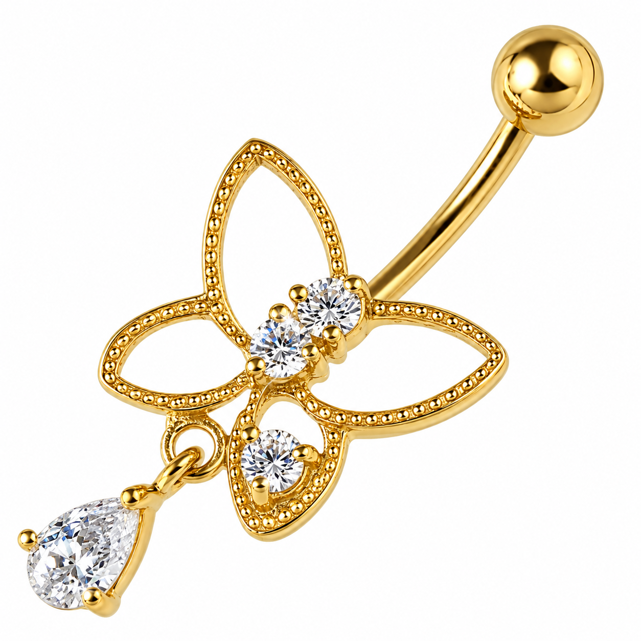 Gold-plated belly button ring, Flutter Kiss – butterfly decoration with clear stones
