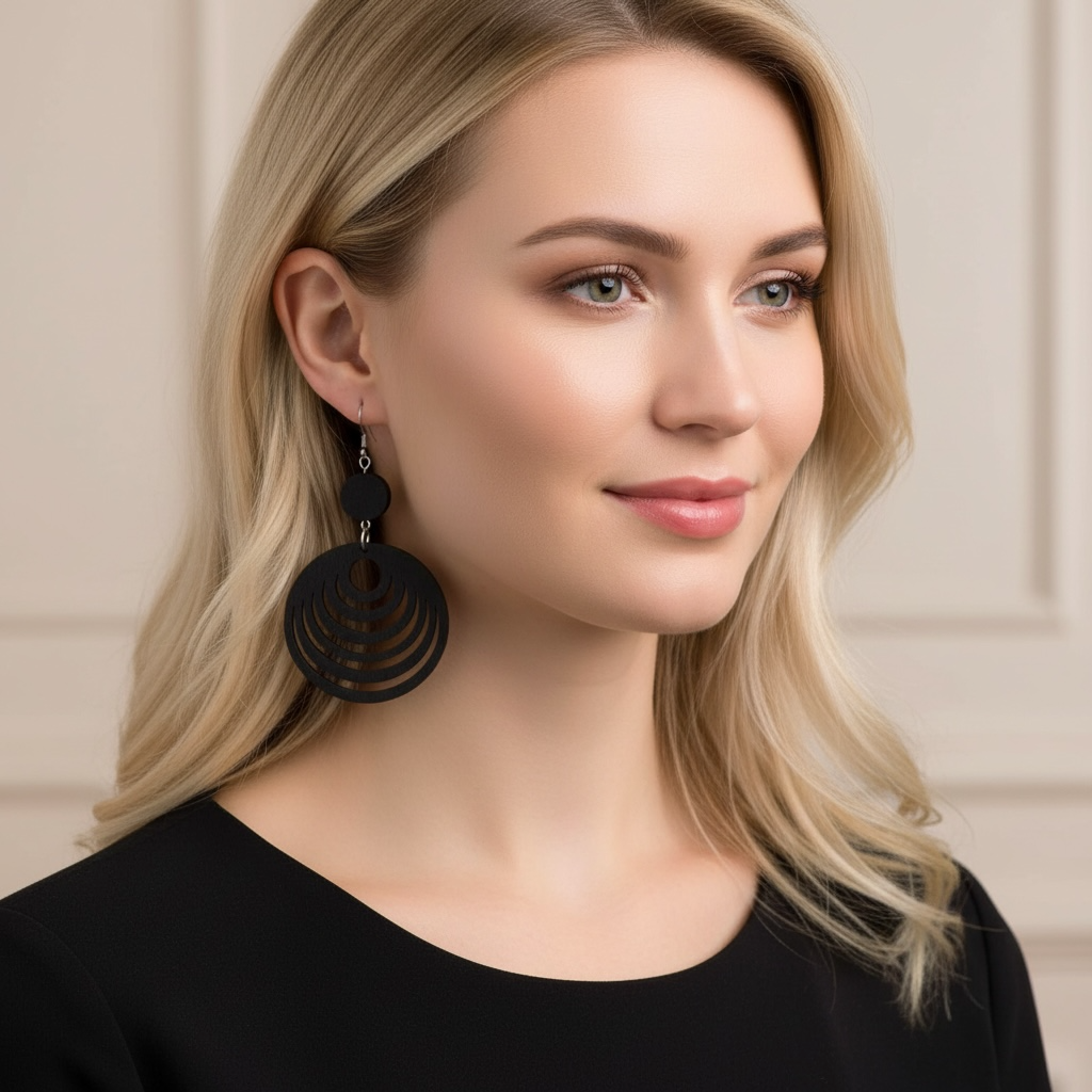 Puiset korvakorut, Aallot (musta) -mustat pyöreät puukorvakorut