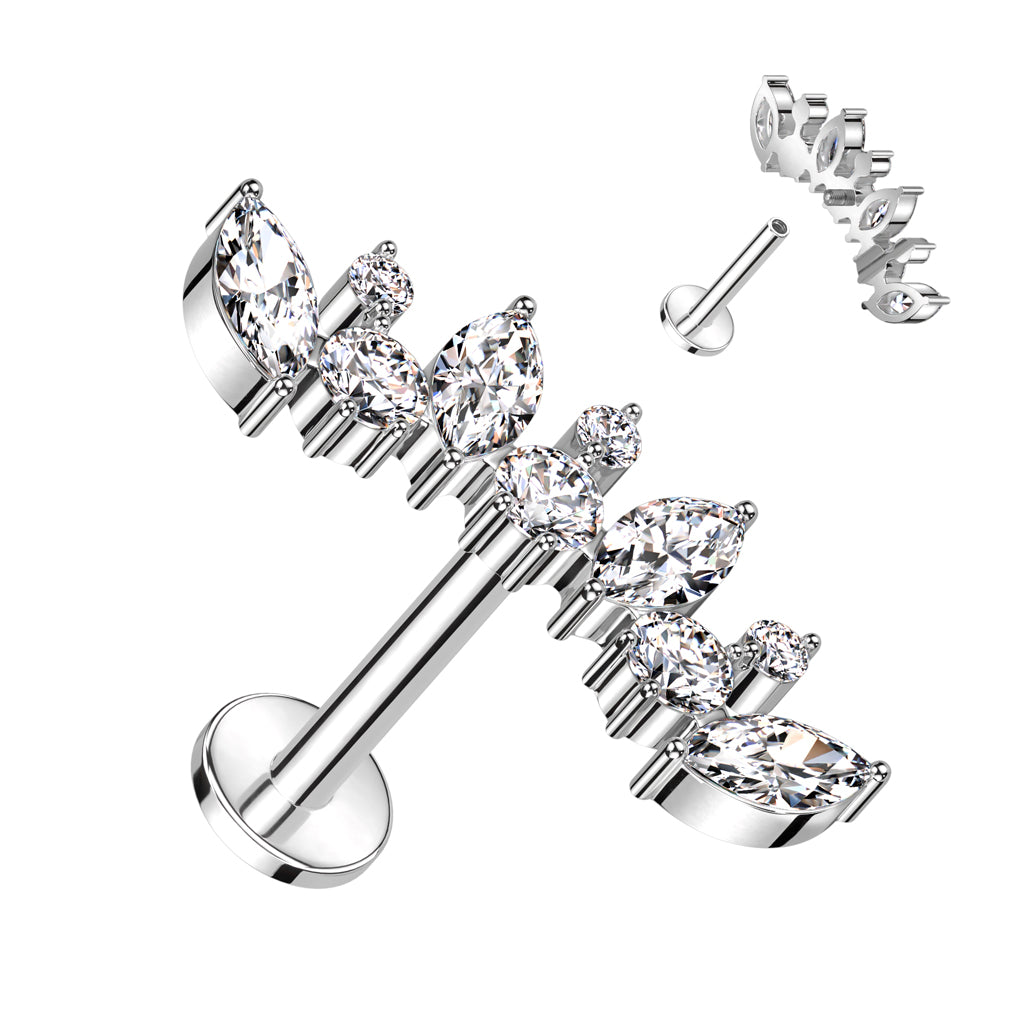 Titaanilabret 1,2mm, Crystal Crown Arc – kruunumainen kristallirivi (hopea, sisäkierre)